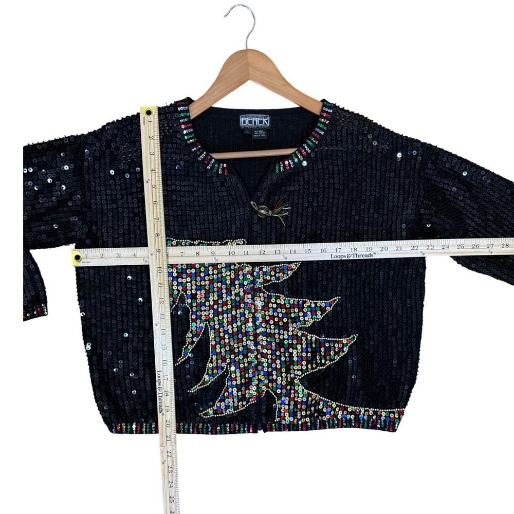 VTG Berek Sequin Christmas Tree Cardigan Women Large Black Art to Wear - Picture 7 of 7